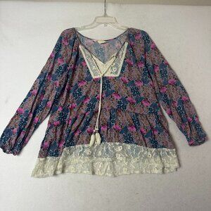 MATILDA JANE Sew Perfect Lace Hem‎ Floral Bohemian Tassel Peasant Blouse Size L